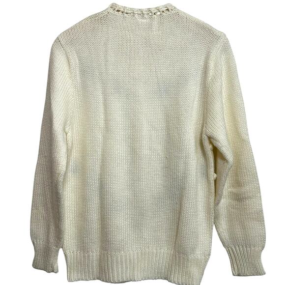 Vintage Floral Embroidered Cardigan Cream L/XL 3D Flowers Cottagecore Tie Neck - Picture 11 of 16